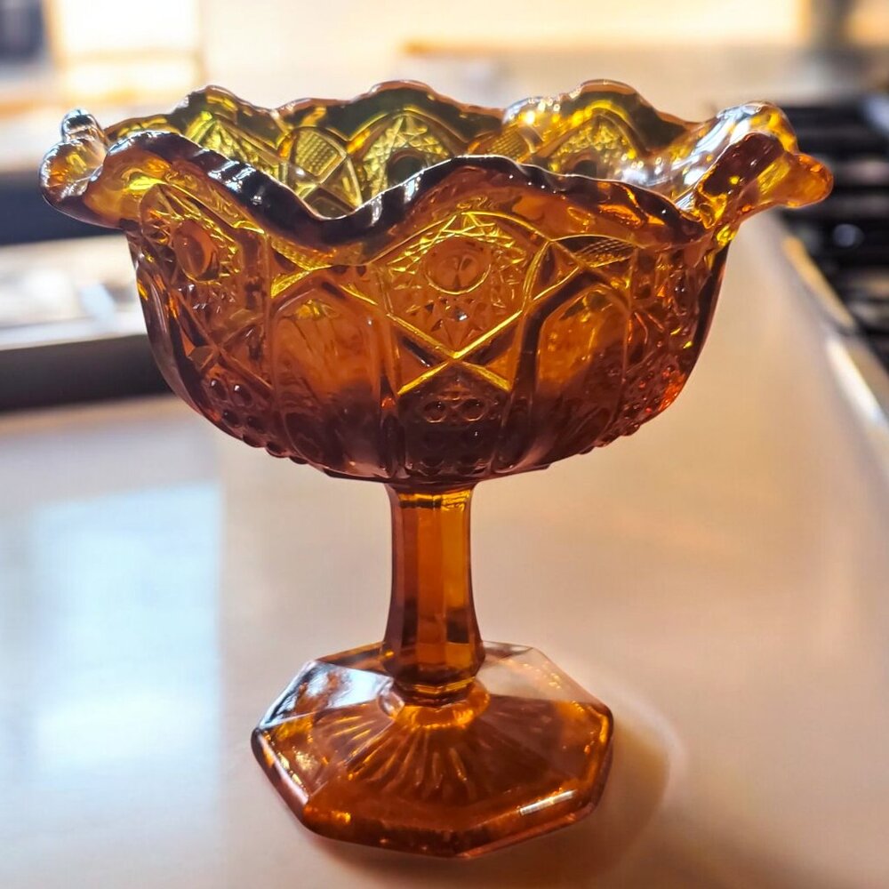 Vintage LE Smith Glass Heritage Quintec Amber Glass Pedestal Compote Candy Dish